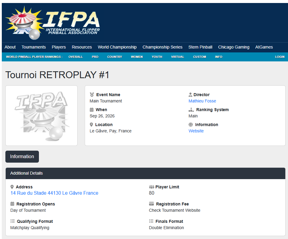 Informations Tournoi IFPA RETROPLAY